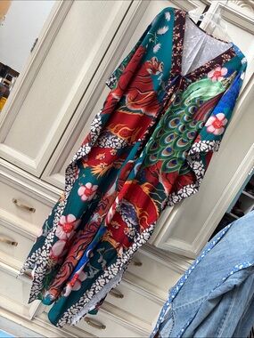 Floral & Peacock Print Teal Kimono Coverup